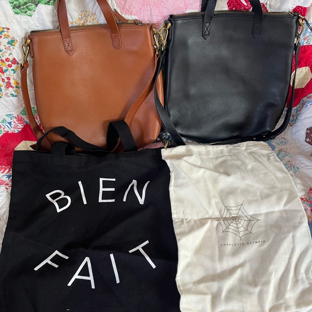 Madewell Leather Crossbody Tote Duo Black Brown lot dust bag brass purse satchel